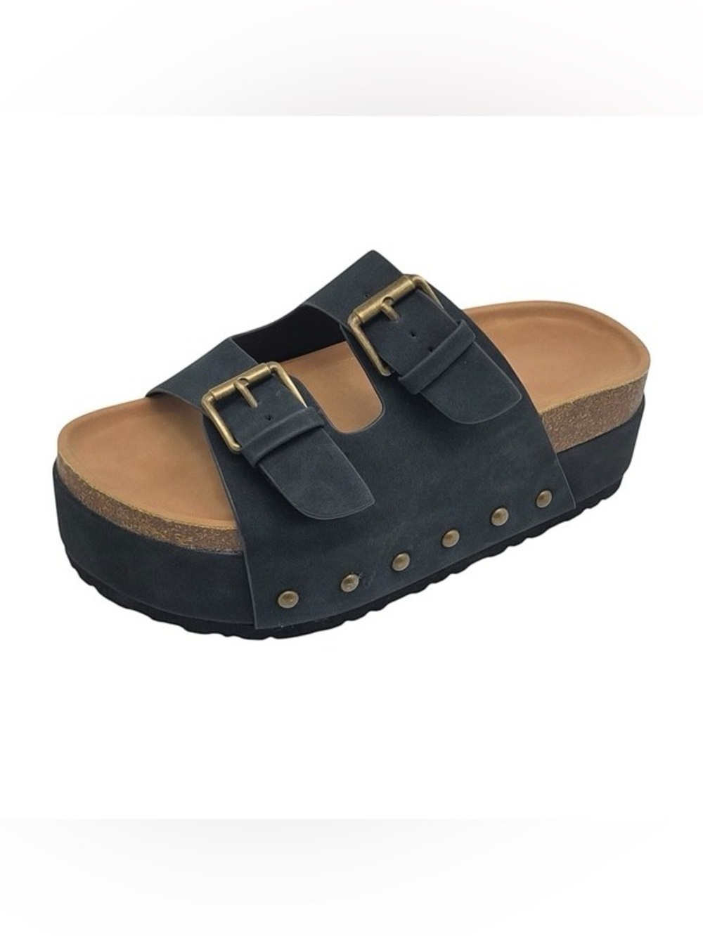 NIB Brand New Vegan Suede Leather Boho Double Buckle Platform Sandals Black - Picture 4 of 4